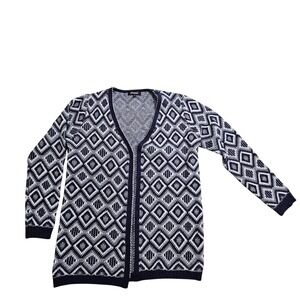 Papa Vancouver Cardigan Women Size M Navy Blue White Geometric Diamond Open Frnt